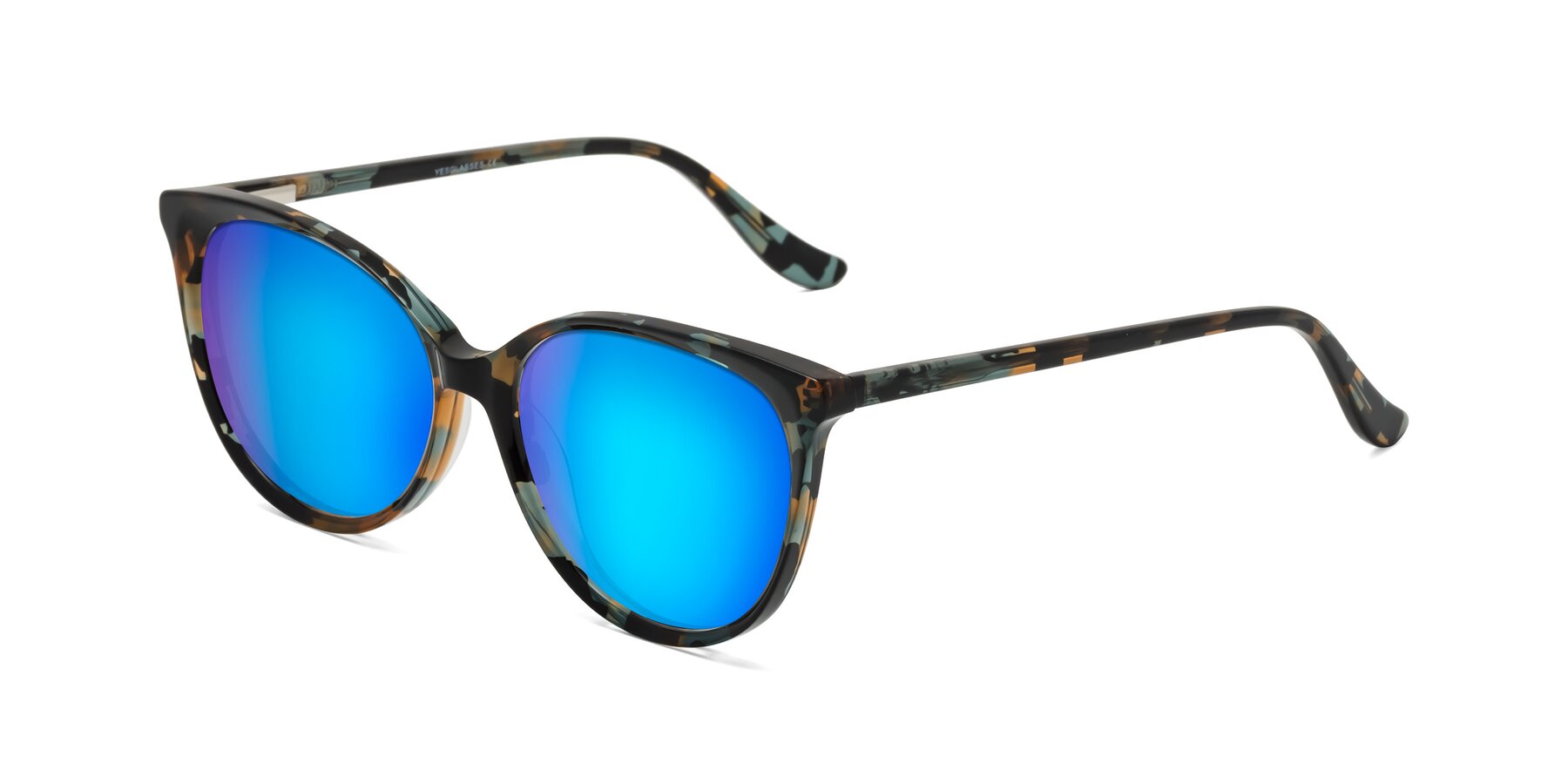 Angle of Maria in Orange Tortoise with Blue Mirrored Lenses