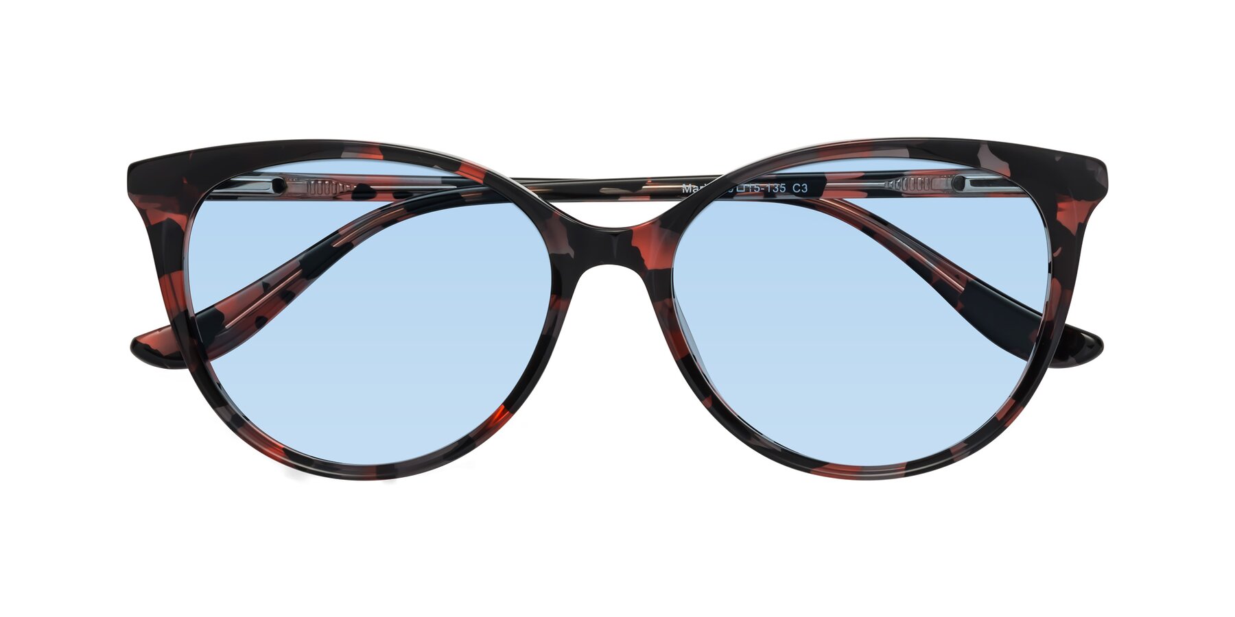 Folded Front of Maria in Red Tortoise with Light Blue Tinted Lenses