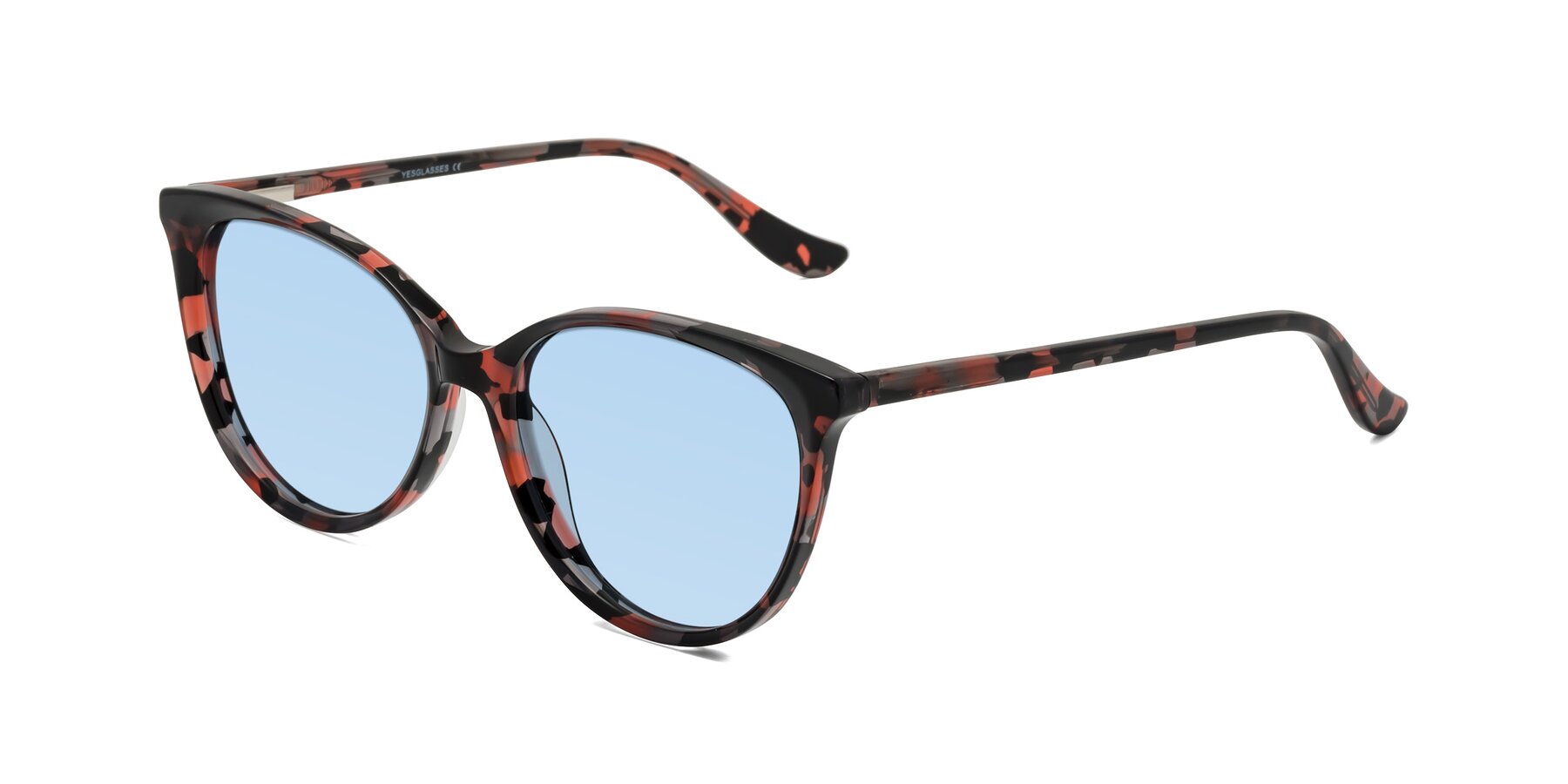 Angle of Maria in Red Tortoise with Light Blue Tinted Lenses