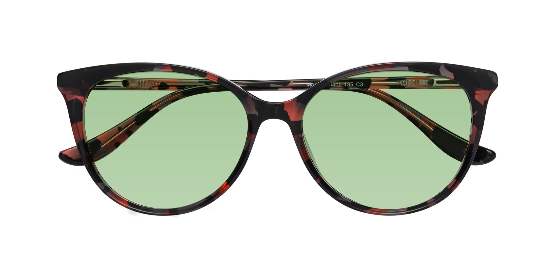 Folded Front of Maria in Red Tortoise with Medium Green Tinted Lenses