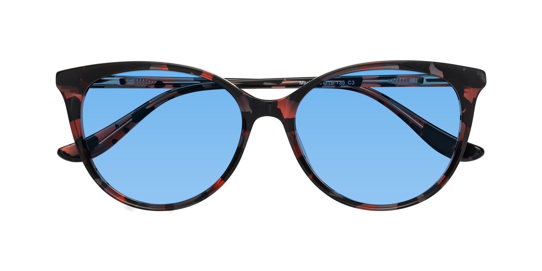 Folded Front of Maria in Red Tortoise with Medium Blue Tinted Lenses