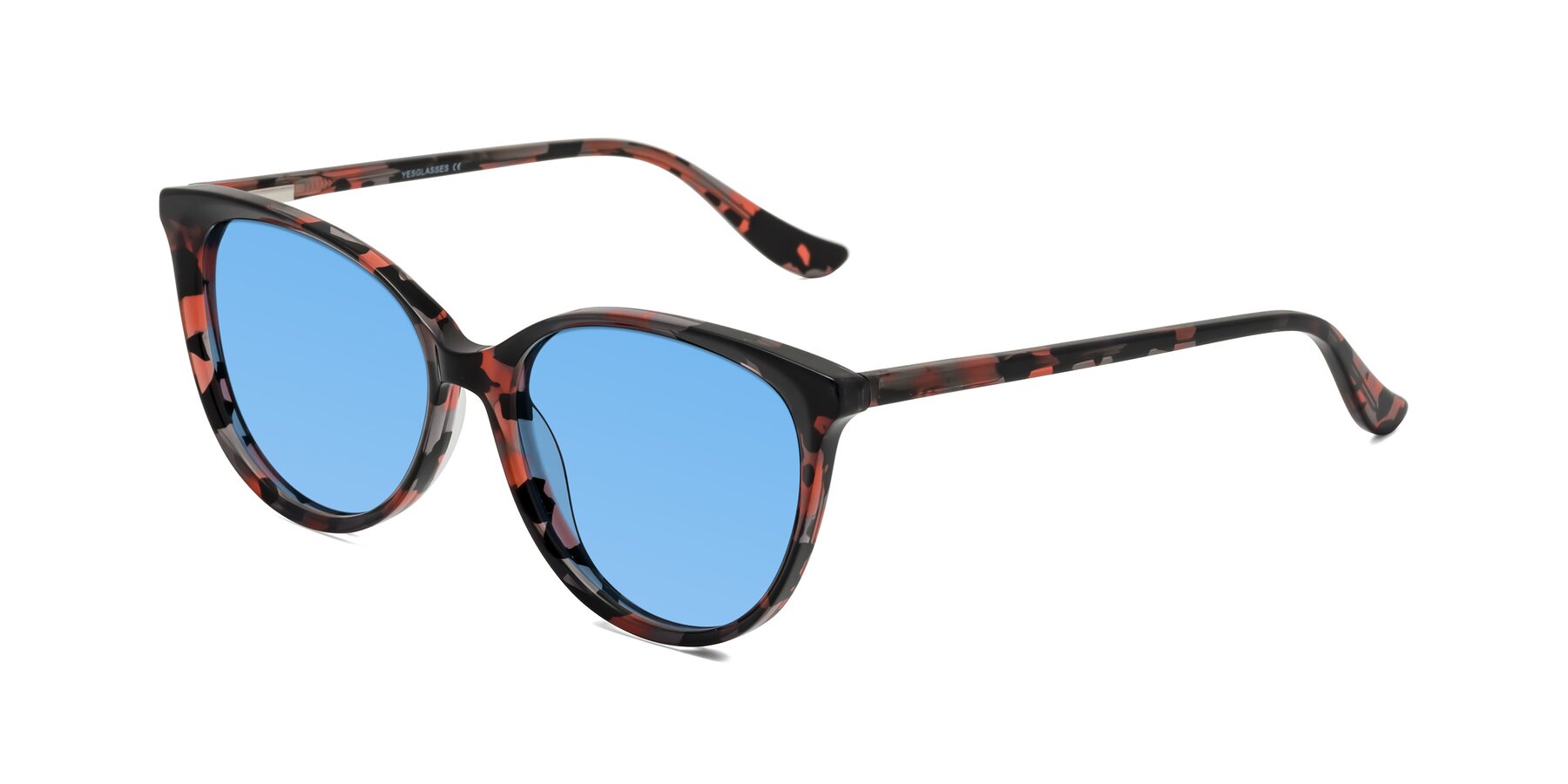 Angle of Maria in Red Tortoise with Medium Blue Tinted Lenses