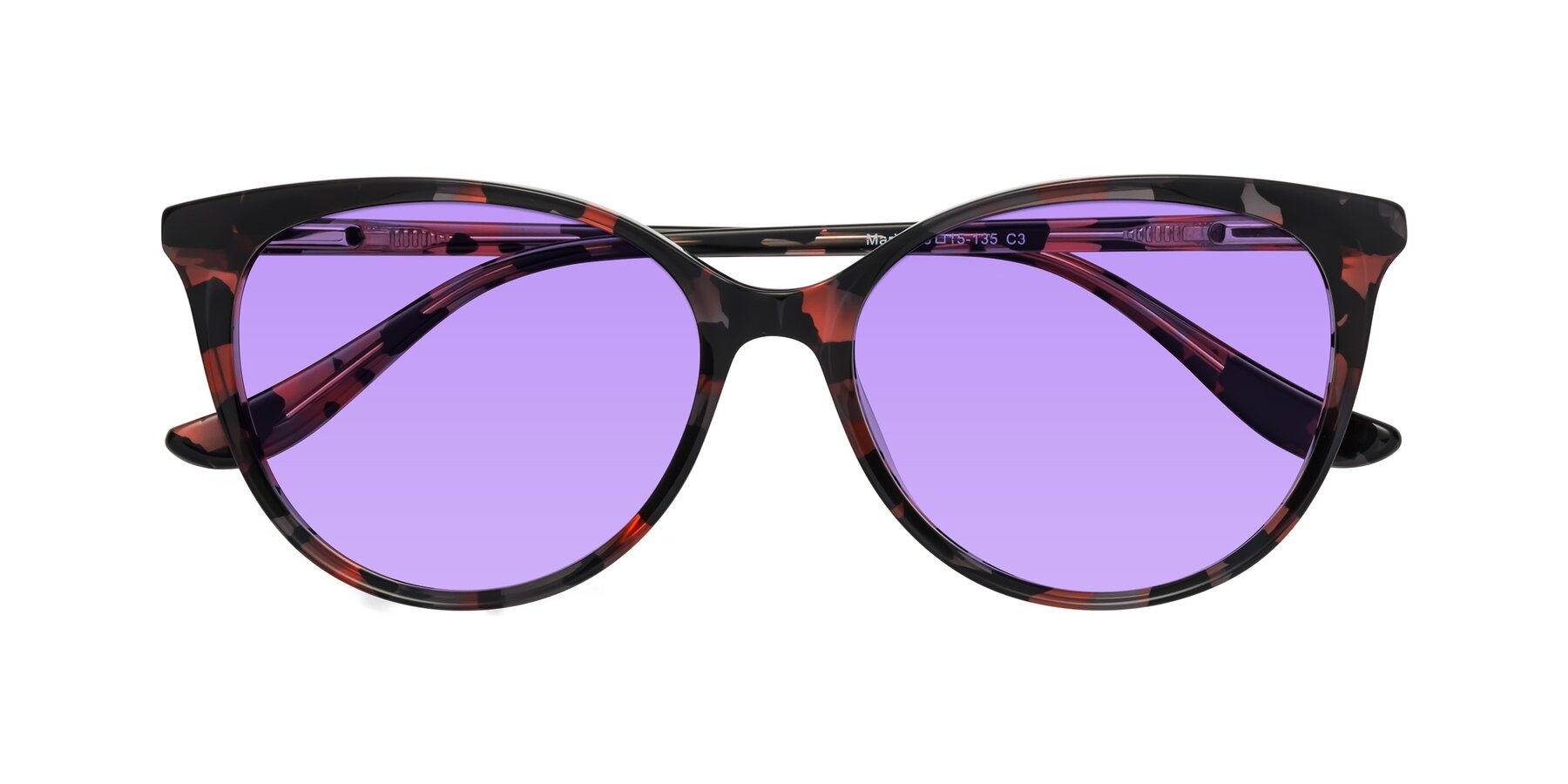 Folded Front of Maria in Red Tortoise with Medium Purple Tinted Lenses