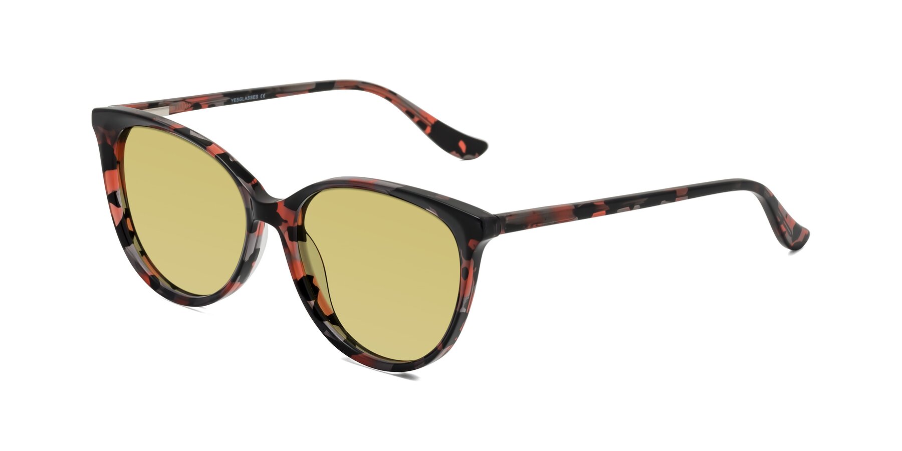 Angle of Maria in Red Tortoise with Medium Champagne Tinted Lenses