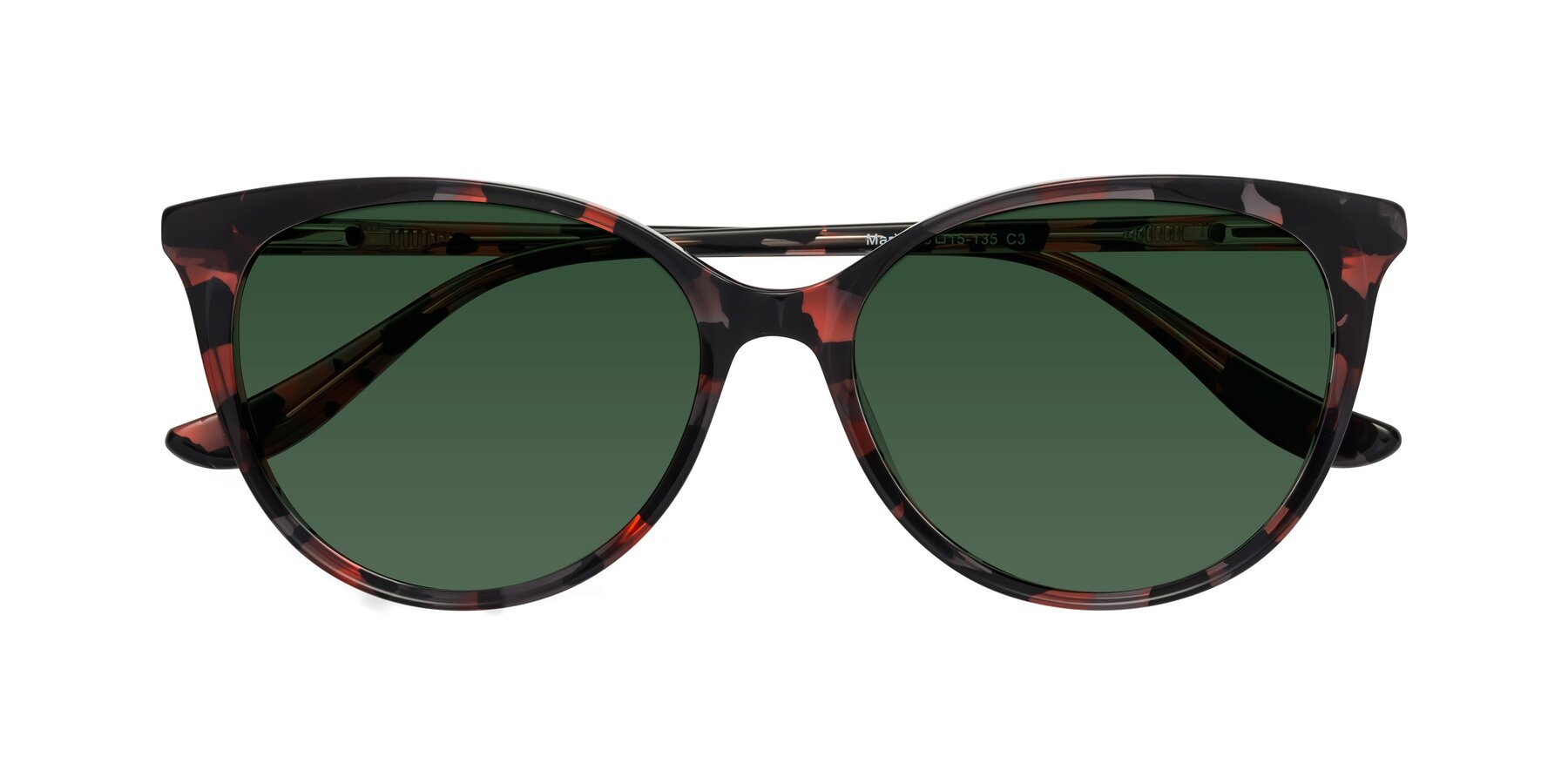 Folded Front of Maria in Red Tortoise with Green Tinted Lenses