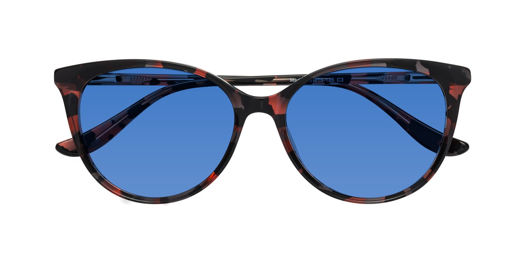 Folded Front of Maria in Red Tortoise with Blue Tinted Lenses