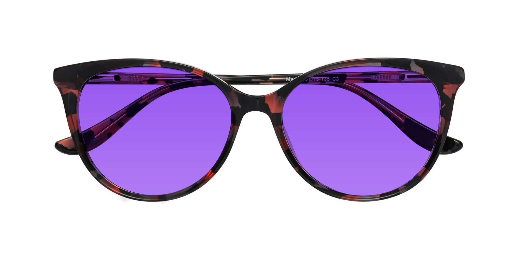 Folded Front of Maria in Red Tortoise with Purple Tinted Lenses