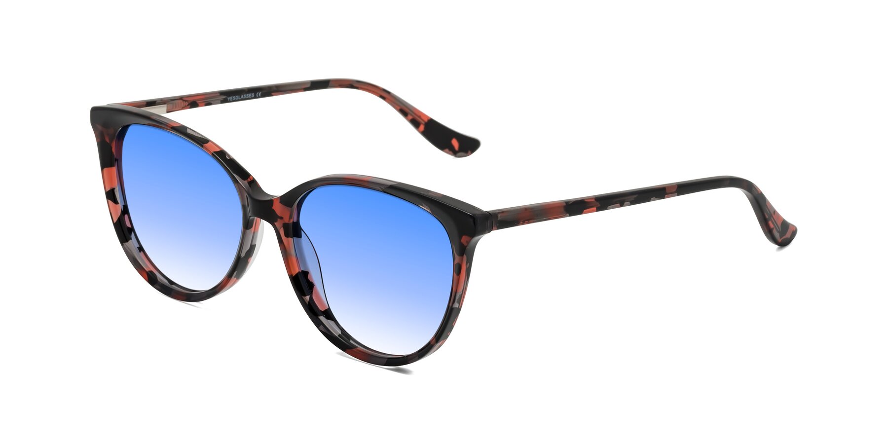 Angle of Maria in Red Tortoise with Blue Gradient Lenses