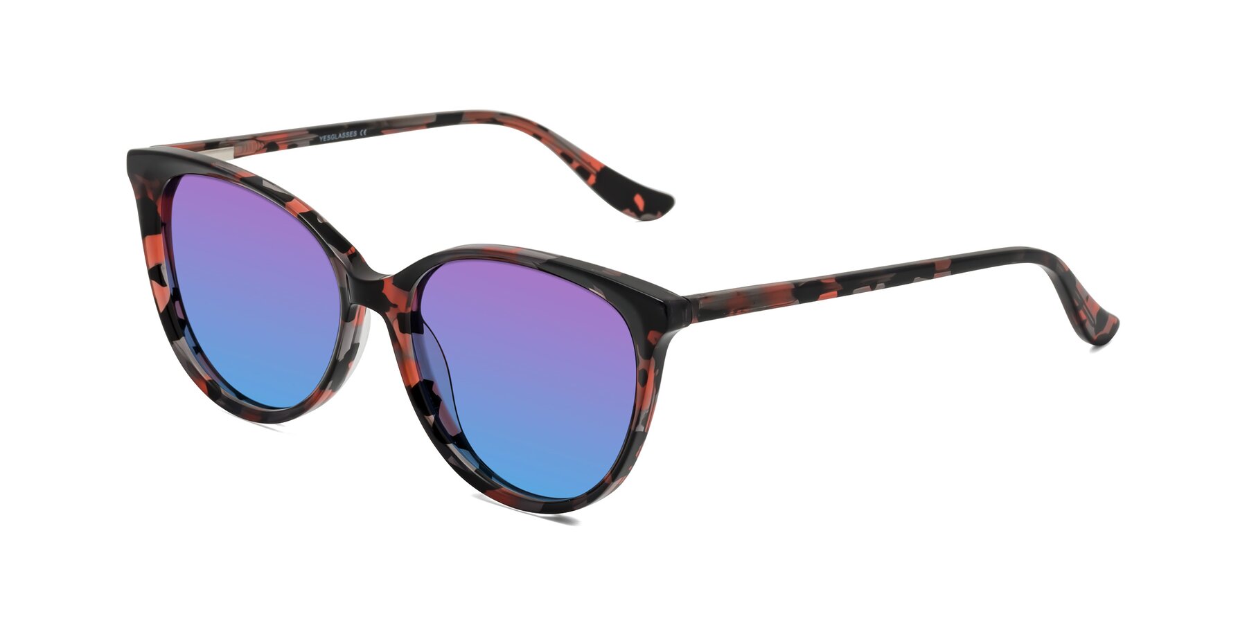 Angle of Maria in Red Tortoise with Purple / Blue Gradient Lenses