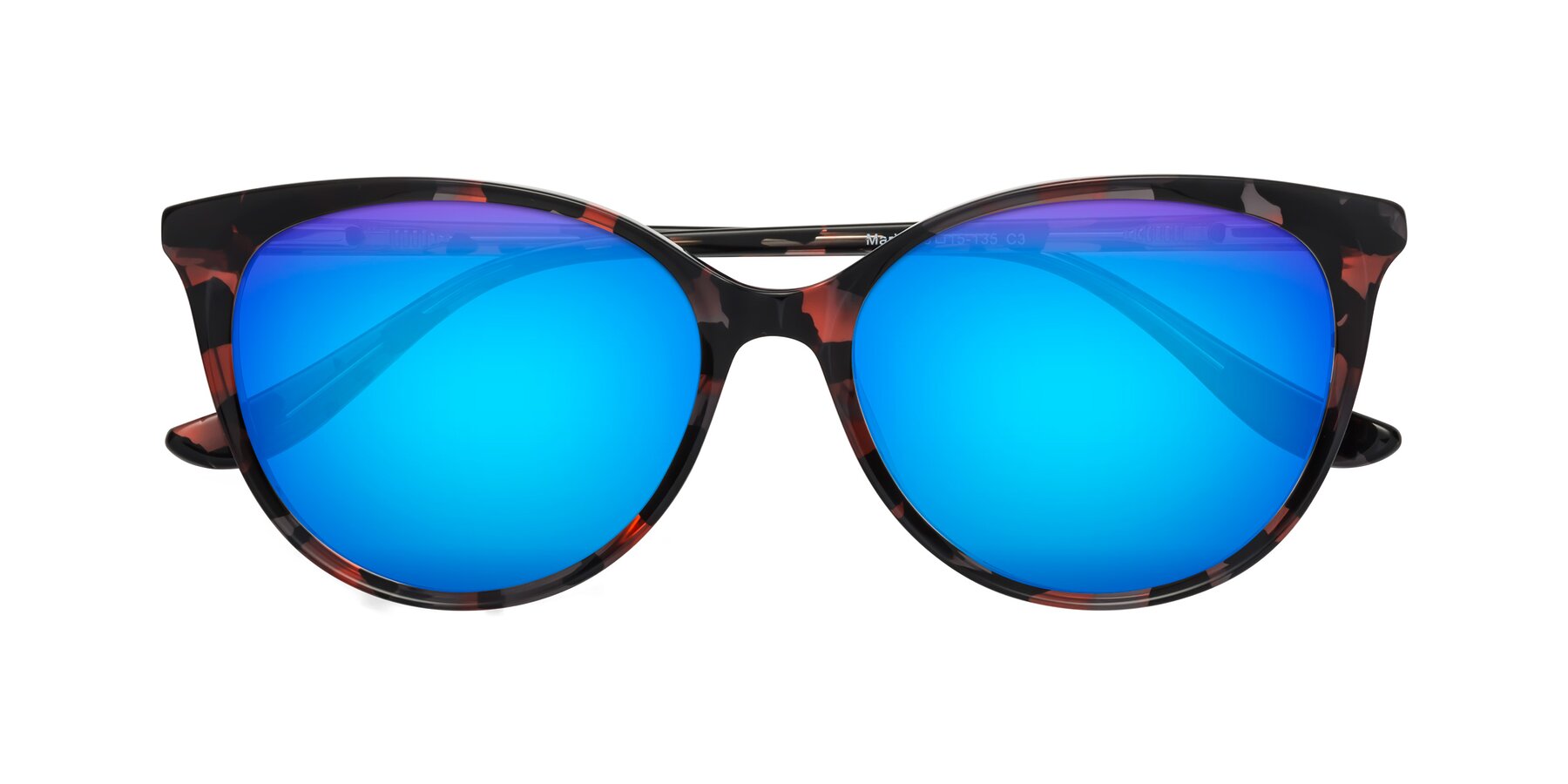 Folded Front of Maria in Red Tortoise with Blue Mirrored Lenses