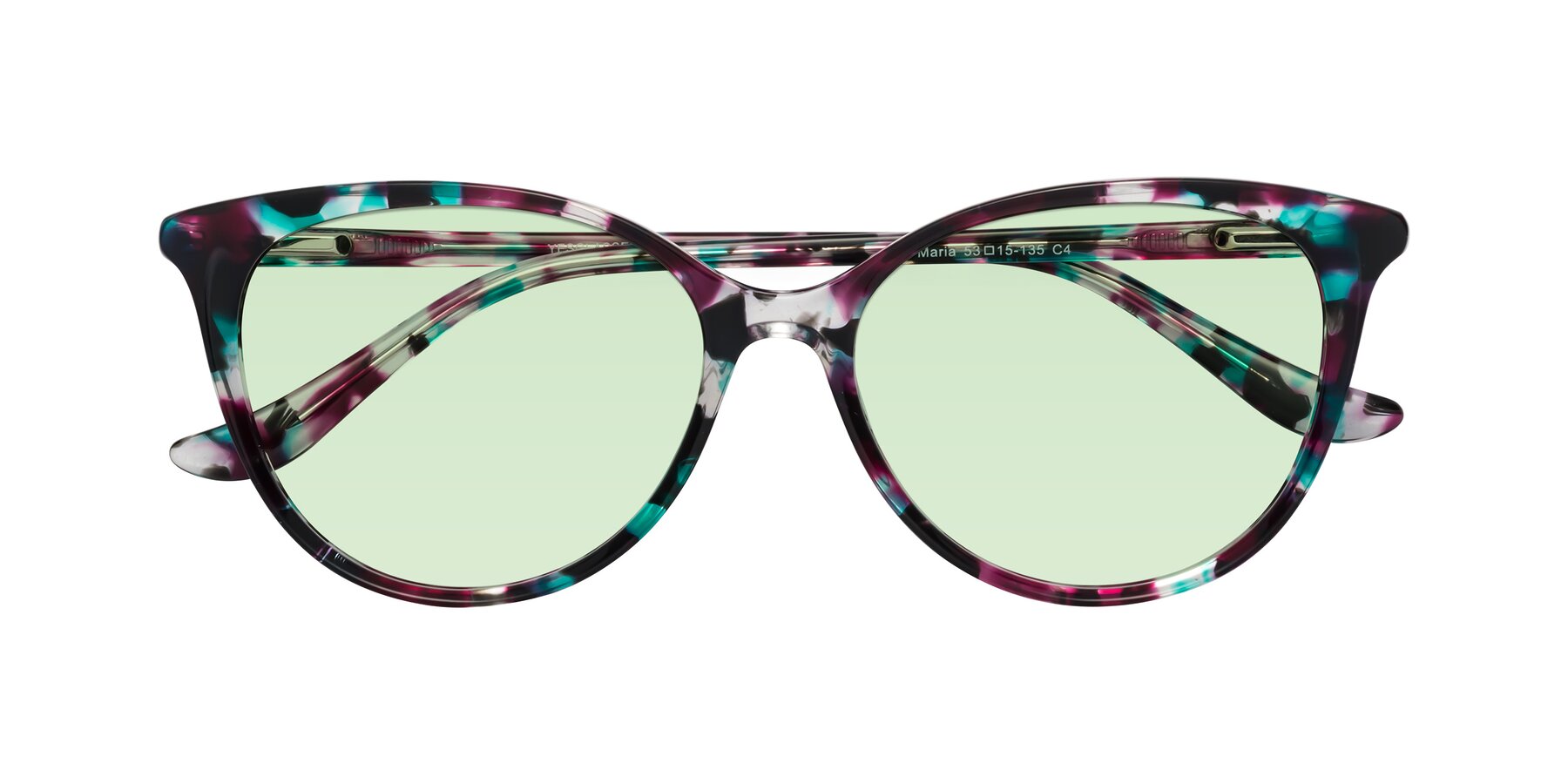 Folded Front of Maria in Floral Tortoise with Light Green Tinted Lenses