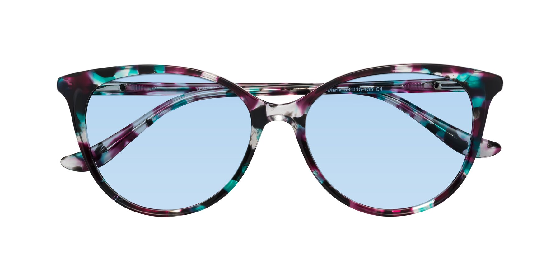 Folded Front of Maria in Floral Tortoise with Light Blue Tinted Lenses