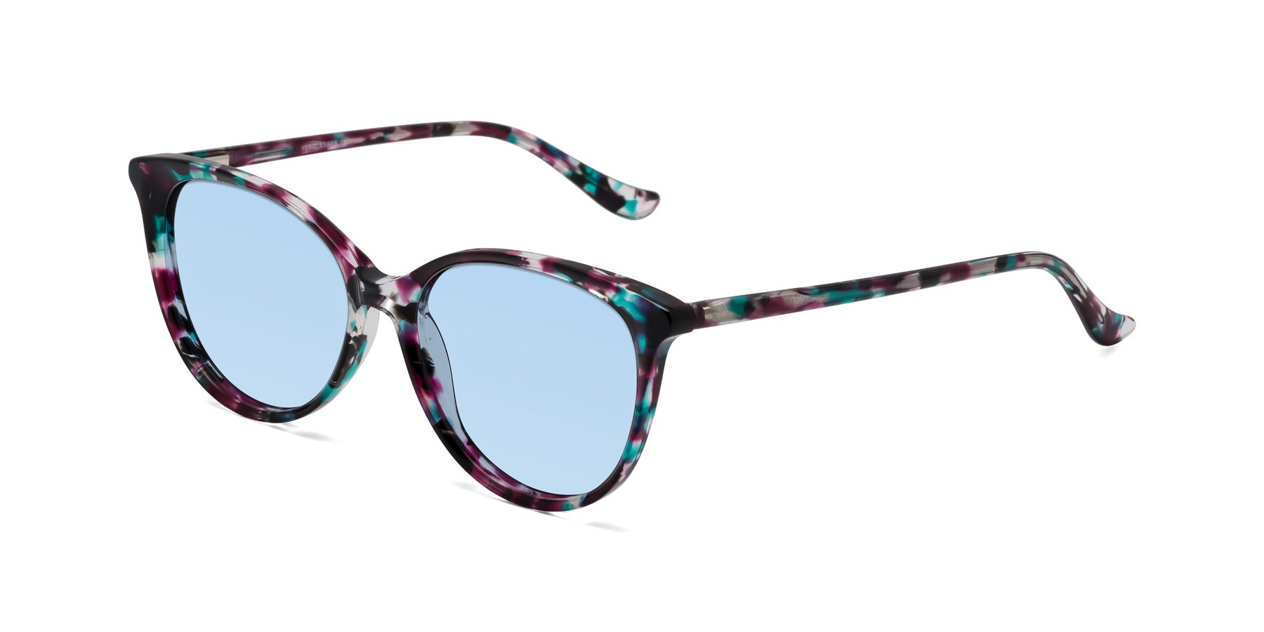 Angle of Maria in Floral Tortoise with Light Blue Tinted Lenses