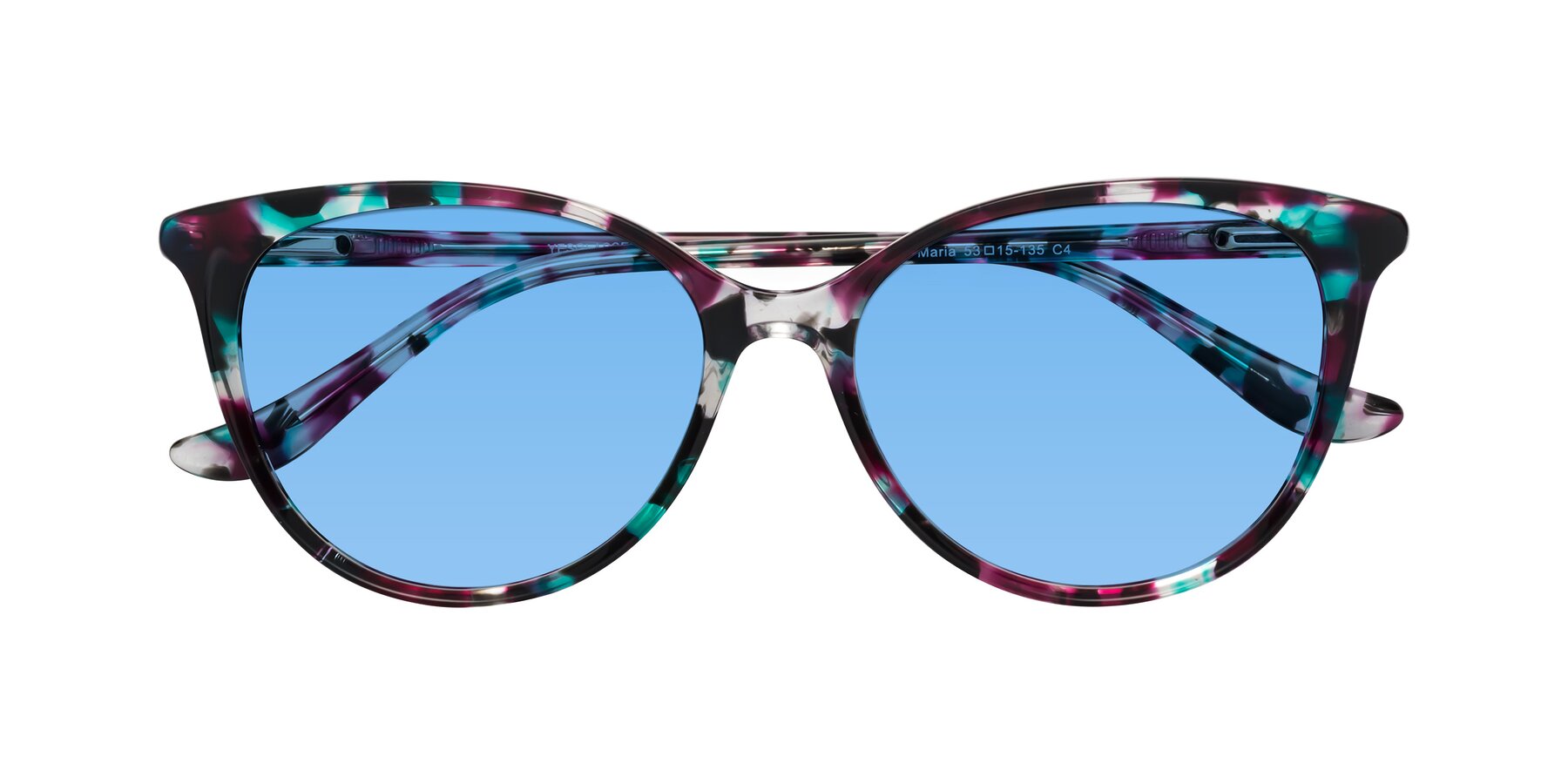 Folded Front of Maria in Floral Tortoise with Medium Blue Tinted Lenses