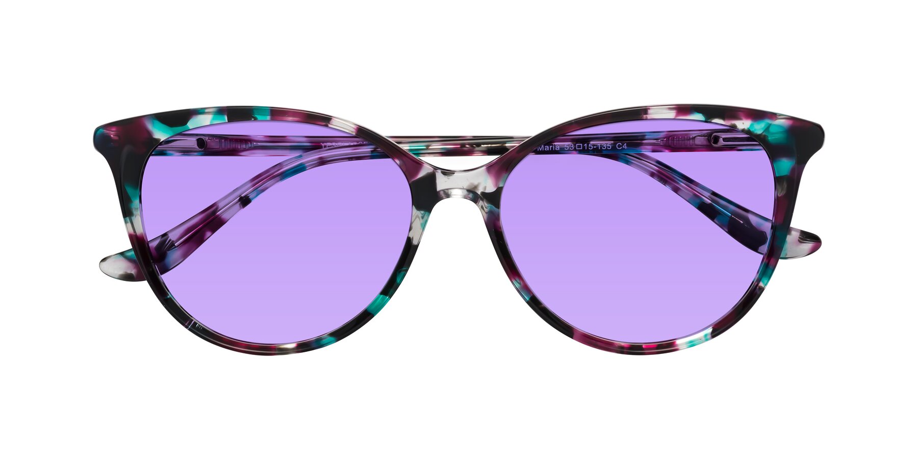 Folded Front of Maria in Floral Tortoise with Medium Purple Tinted Lenses