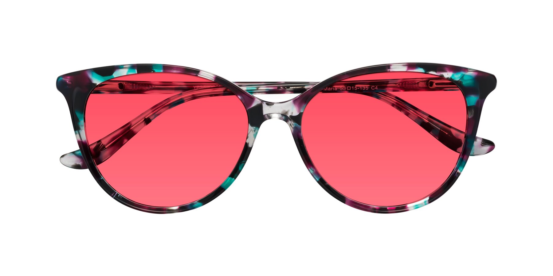 Folded Front of Maria in Floral Tortoise with Red Tinted Lenses