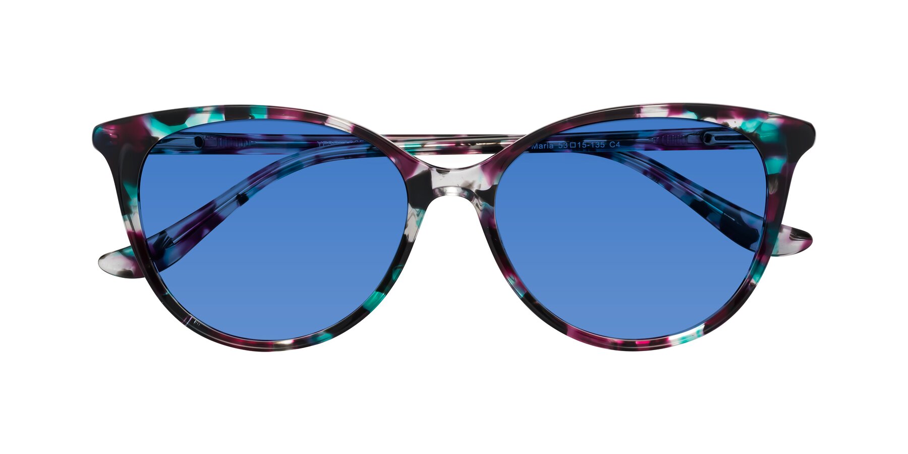 Folded Front of Maria in Floral Tortoise with Blue Tinted Lenses