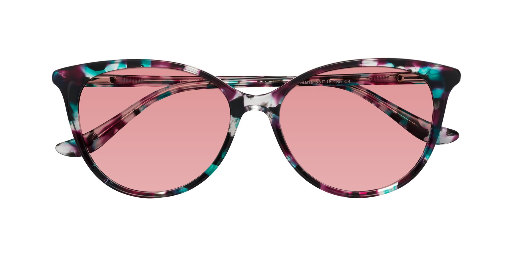 Folded Front of Maria in Floral Tortoise with Medium Garnet Tinted Lenses