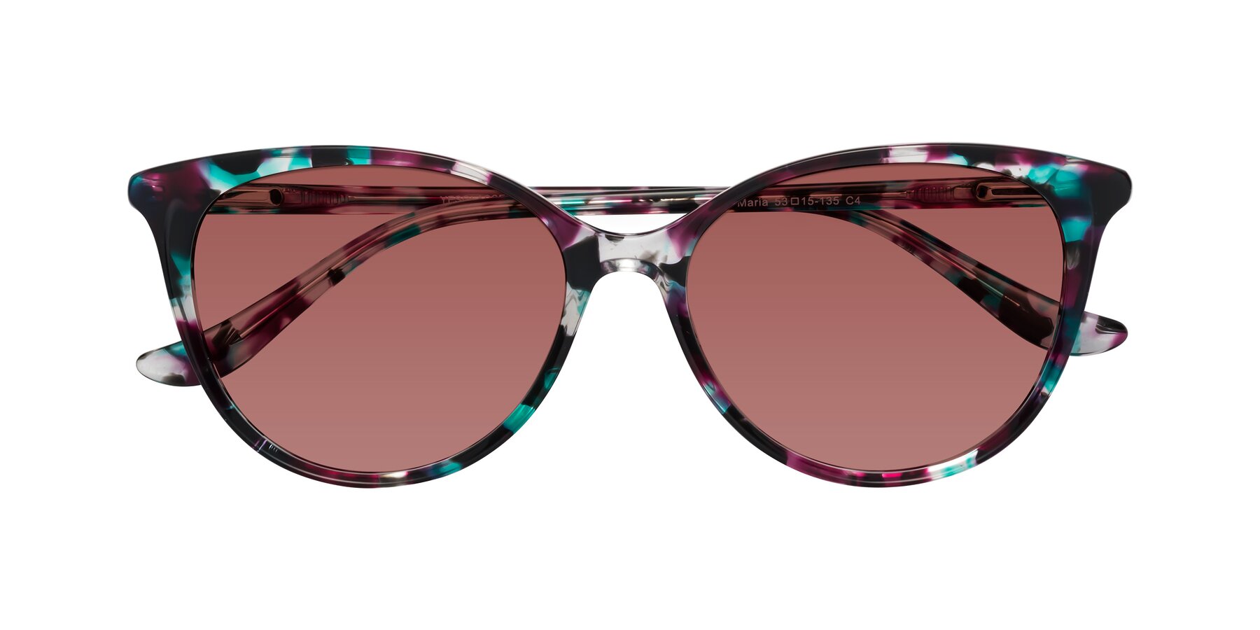 Folded Front of Maria in Floral Tortoise with Garnet Tinted Lenses