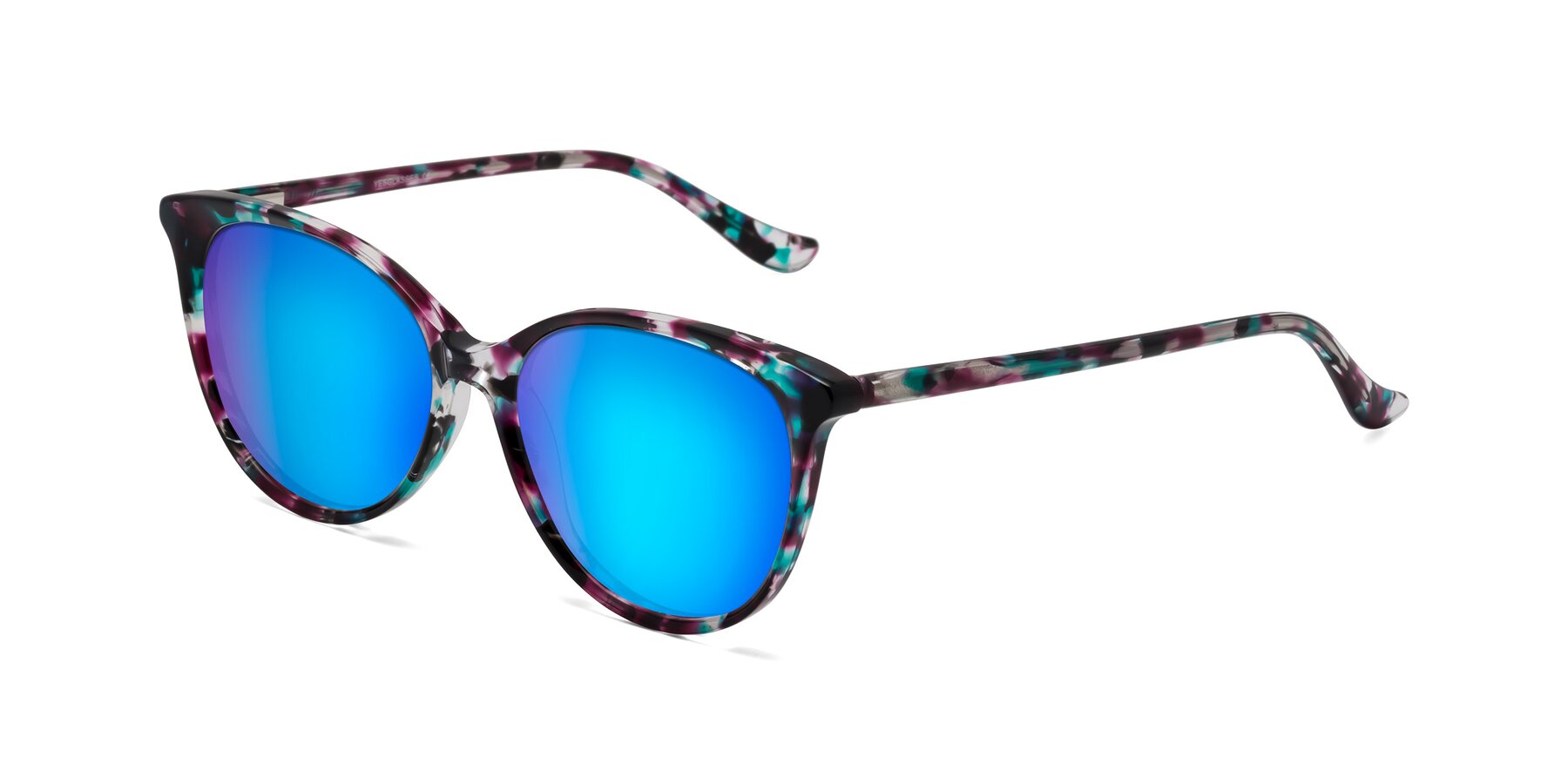 Angle of Maria in Floral Tortoise with Blue Mirrored Lenses