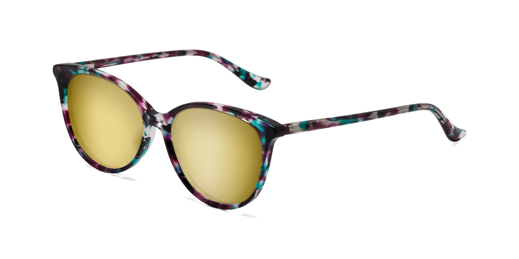 Angle of Maria in Floral Tortoise with Gold Mirrored Lenses