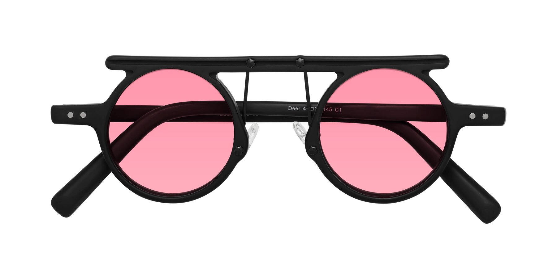 Folded Front of Deer in Matte Black with Pink Tinted Lenses