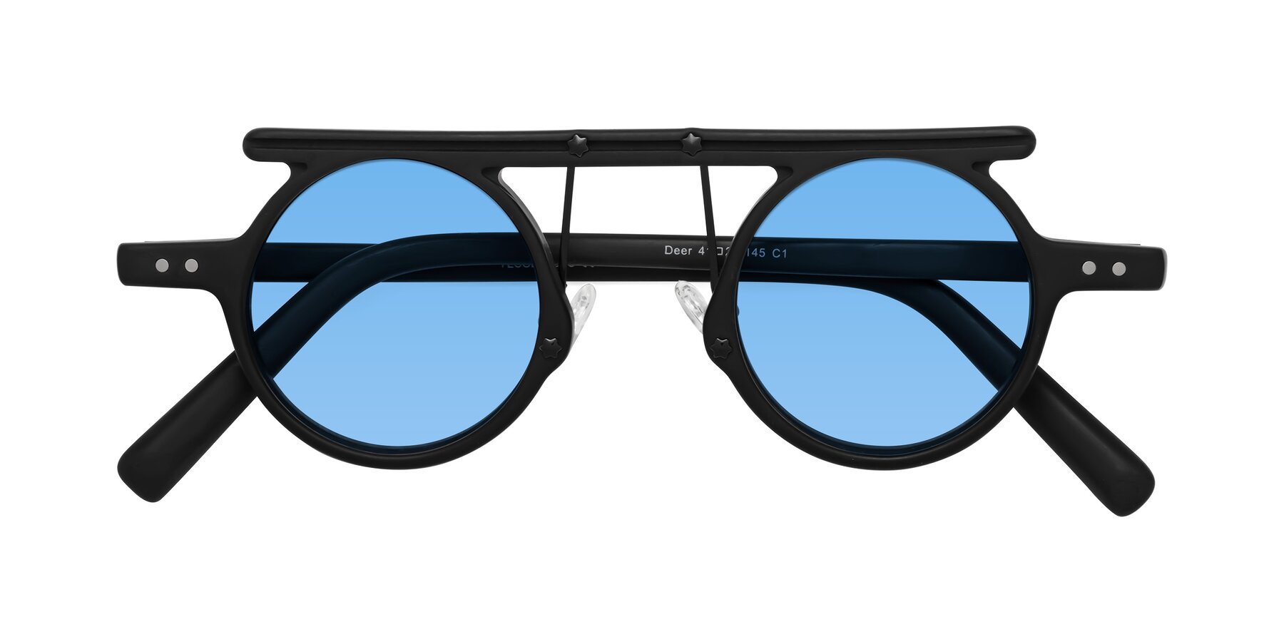 Folded Front of Deer in Matte Black with Medium Blue Tinted Lenses