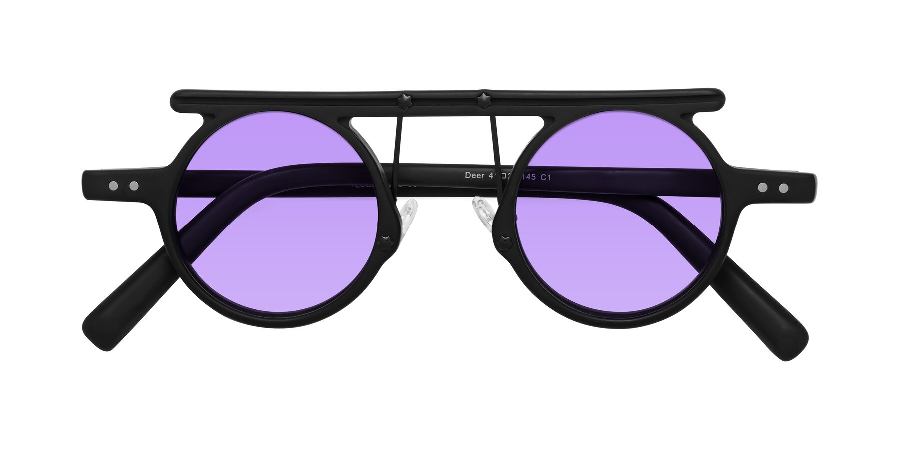 Folded Front of Deer in Matte Black with Medium Purple Tinted Lenses