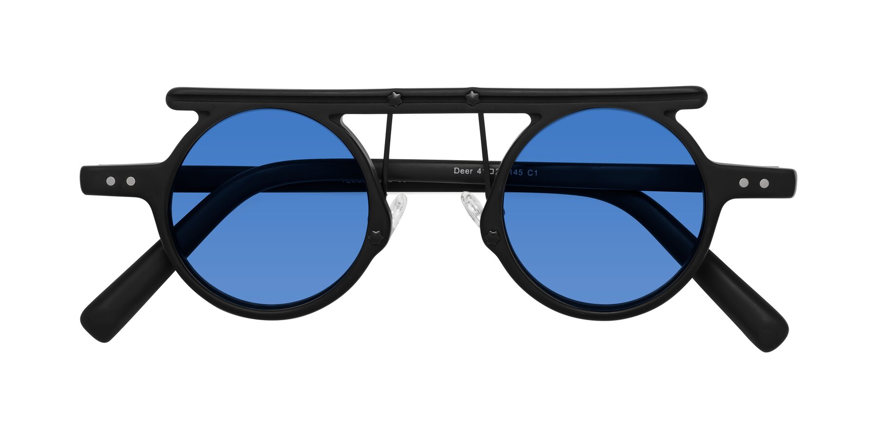 Folded Front of Deer in Matte Black with Blue Tinted Lenses