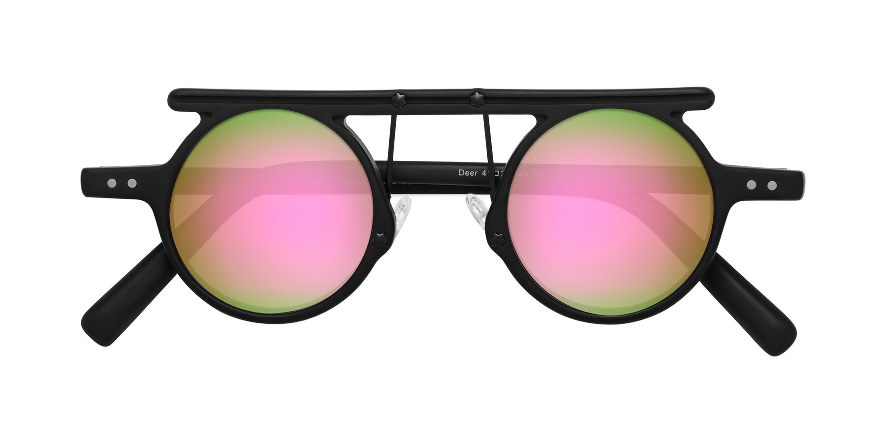 Folded Front of Deer in Matte Black with Pink Mirrored Lenses