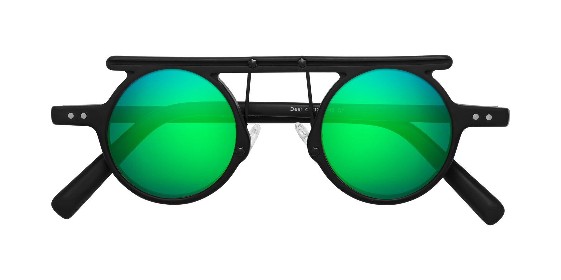 Folded Front of Deer in Matte Black with Green Mirrored Lenses