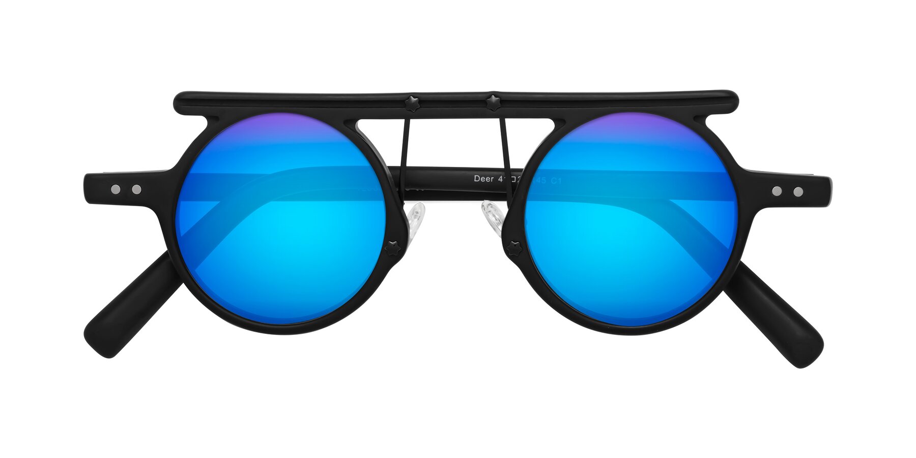 Folded Front of Deer in Matte Black with Blue Mirrored Lenses