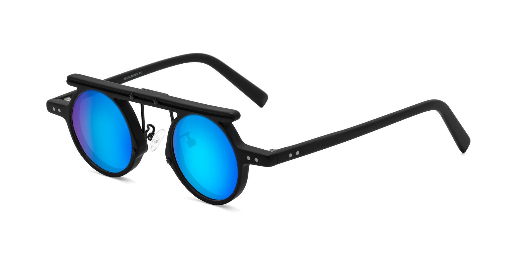 Angle of Deer in Matte Black with Blue Mirrored Lenses