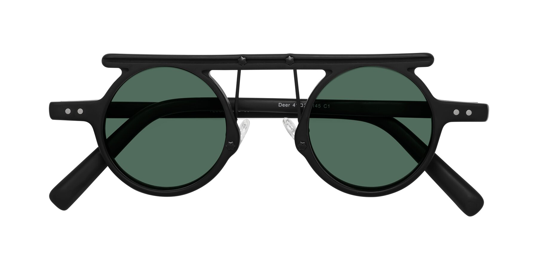 Folded Front of Deer in Matte Black with Green Polarized Lenses