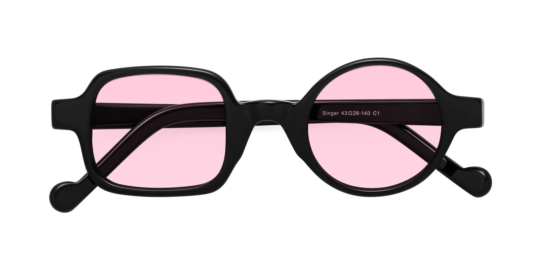 Folded Front of Singer in Black with Light Pink Tinted Lenses