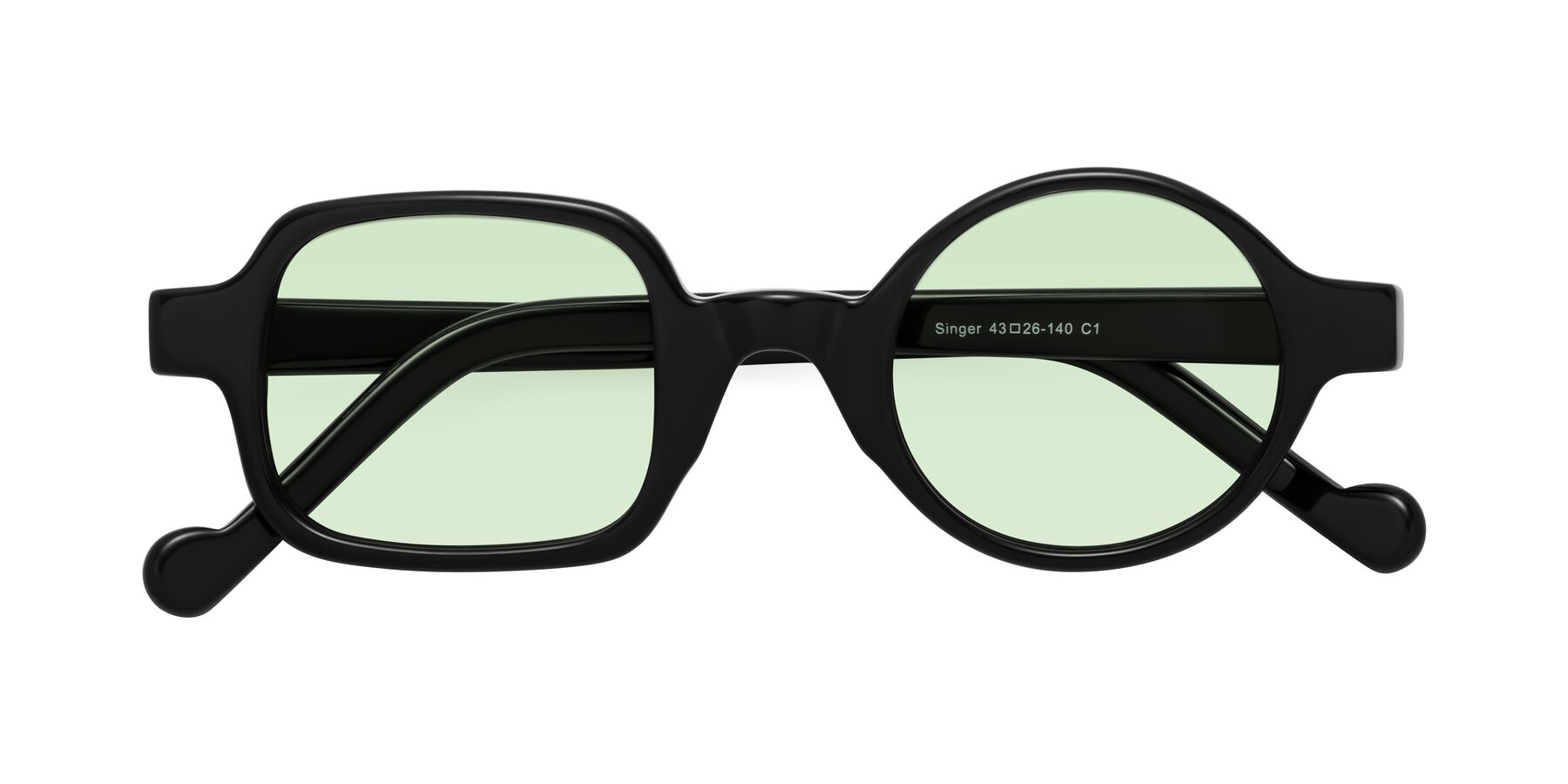 Folded Front of Singer in Black with Light Green Tinted Lenses