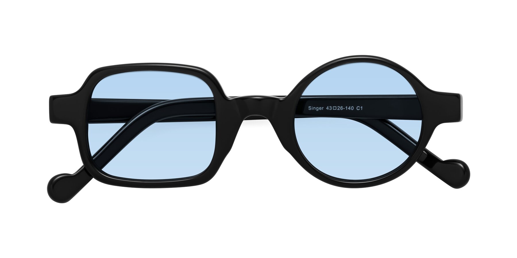 Folded Front of Singer in Black with Light Blue Tinted Lenses