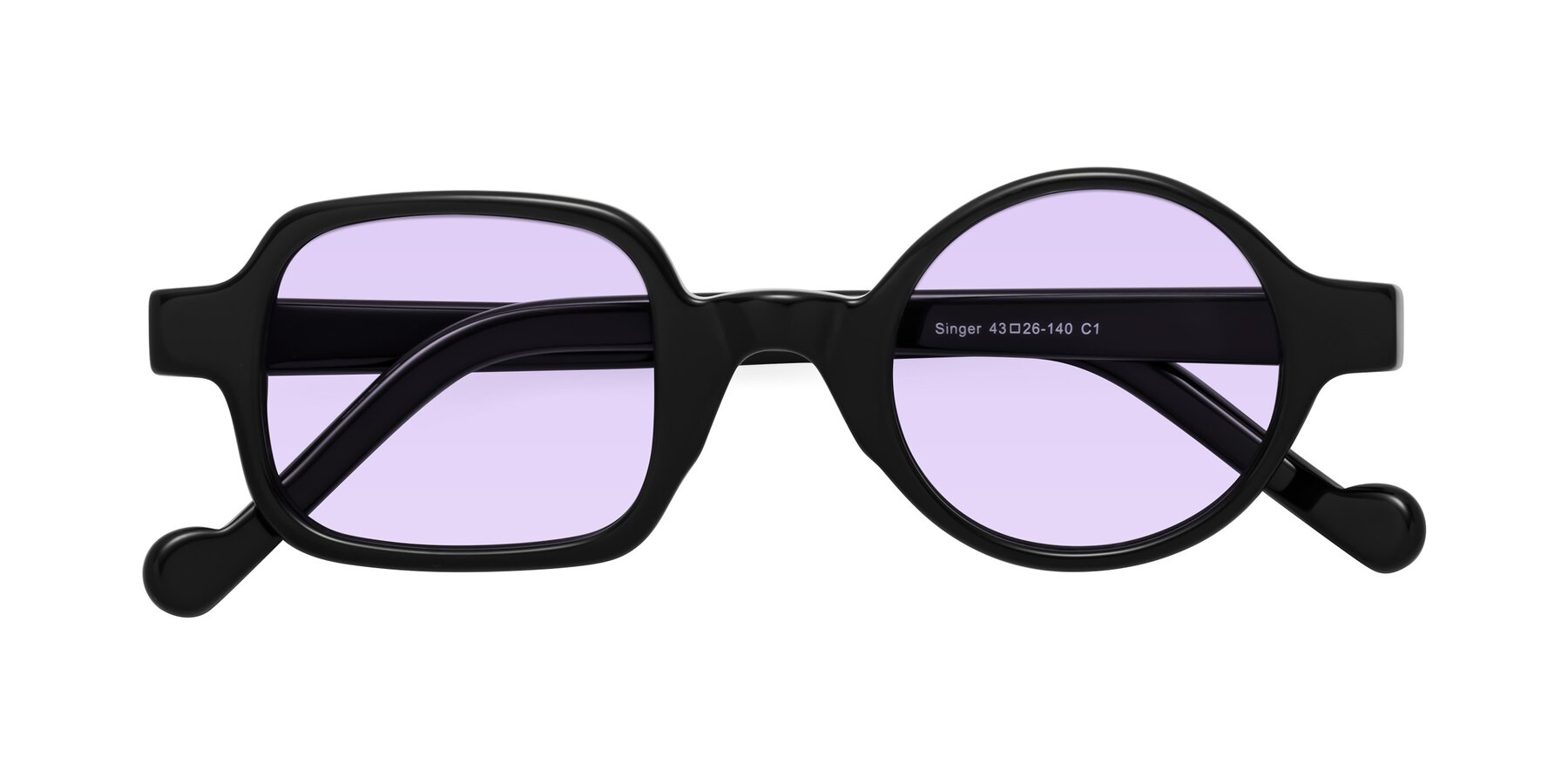 Folded Front of Singer in Black with Light Purple Tinted Lenses