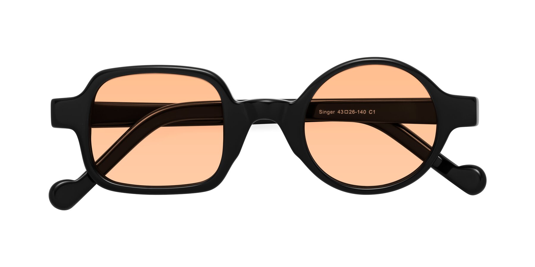 Folded Front of Singer in Black with Light Orange Tinted Lenses