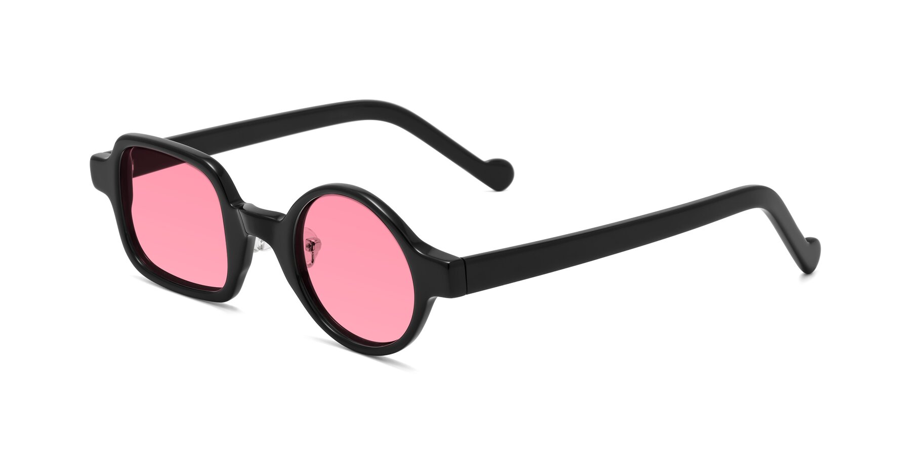 Angle of Singer in Black with Pink Tinted Lenses