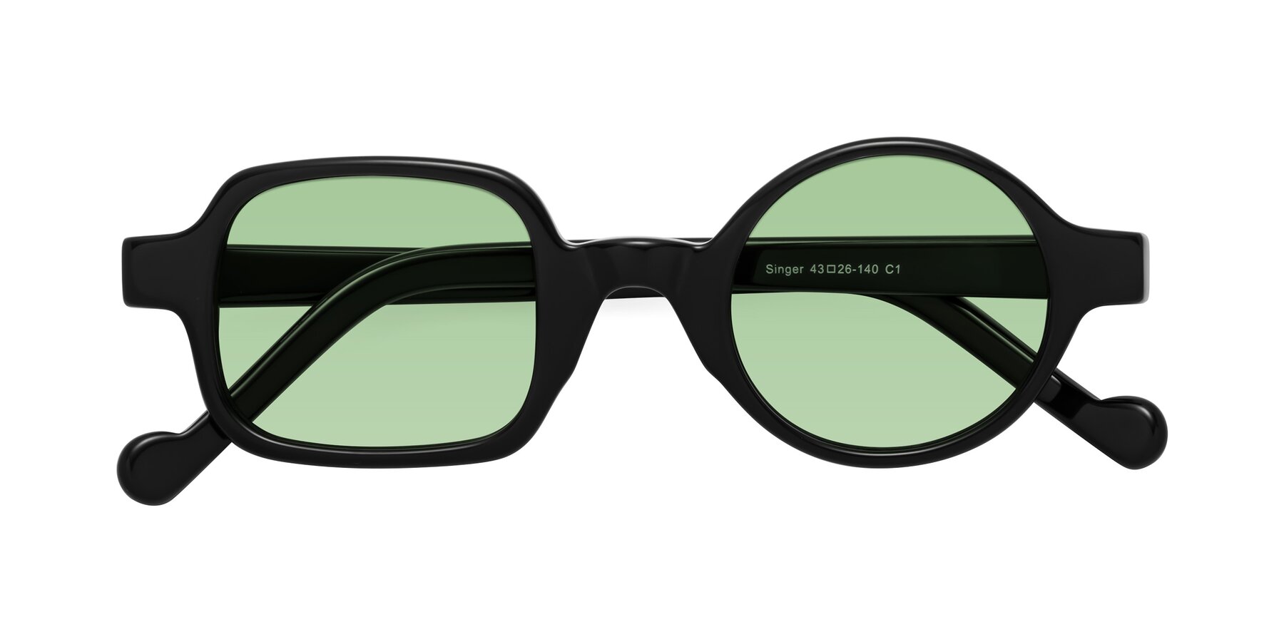 Folded Front of Singer in Black with Medium Green Tinted Lenses