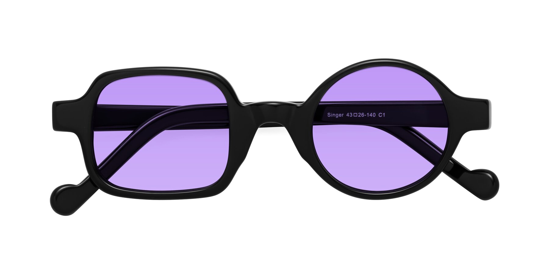 Folded Front of Singer in Black with Medium Purple Tinted Lenses