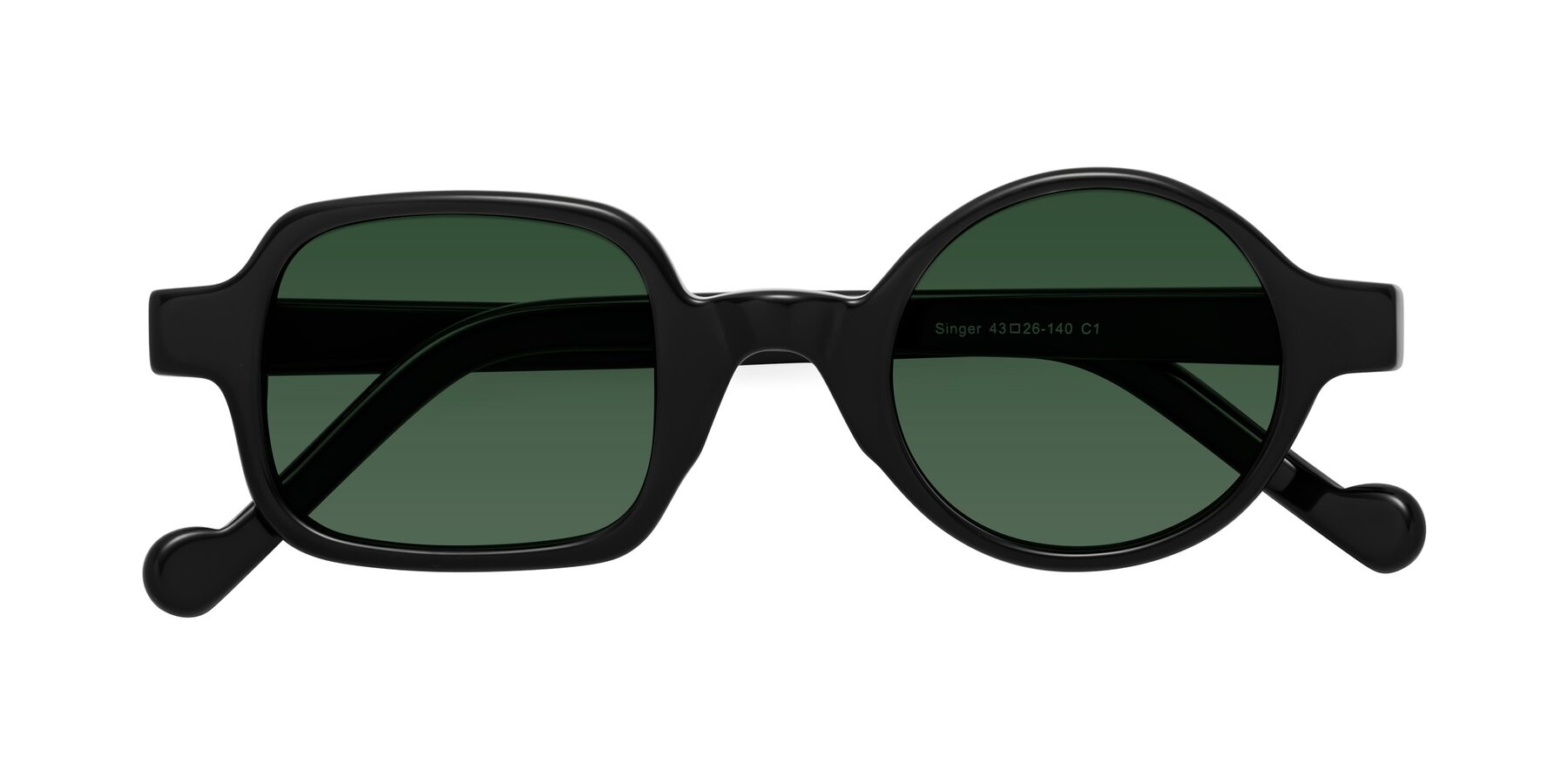 Folded Front of Singer in Black with Green Tinted Lenses