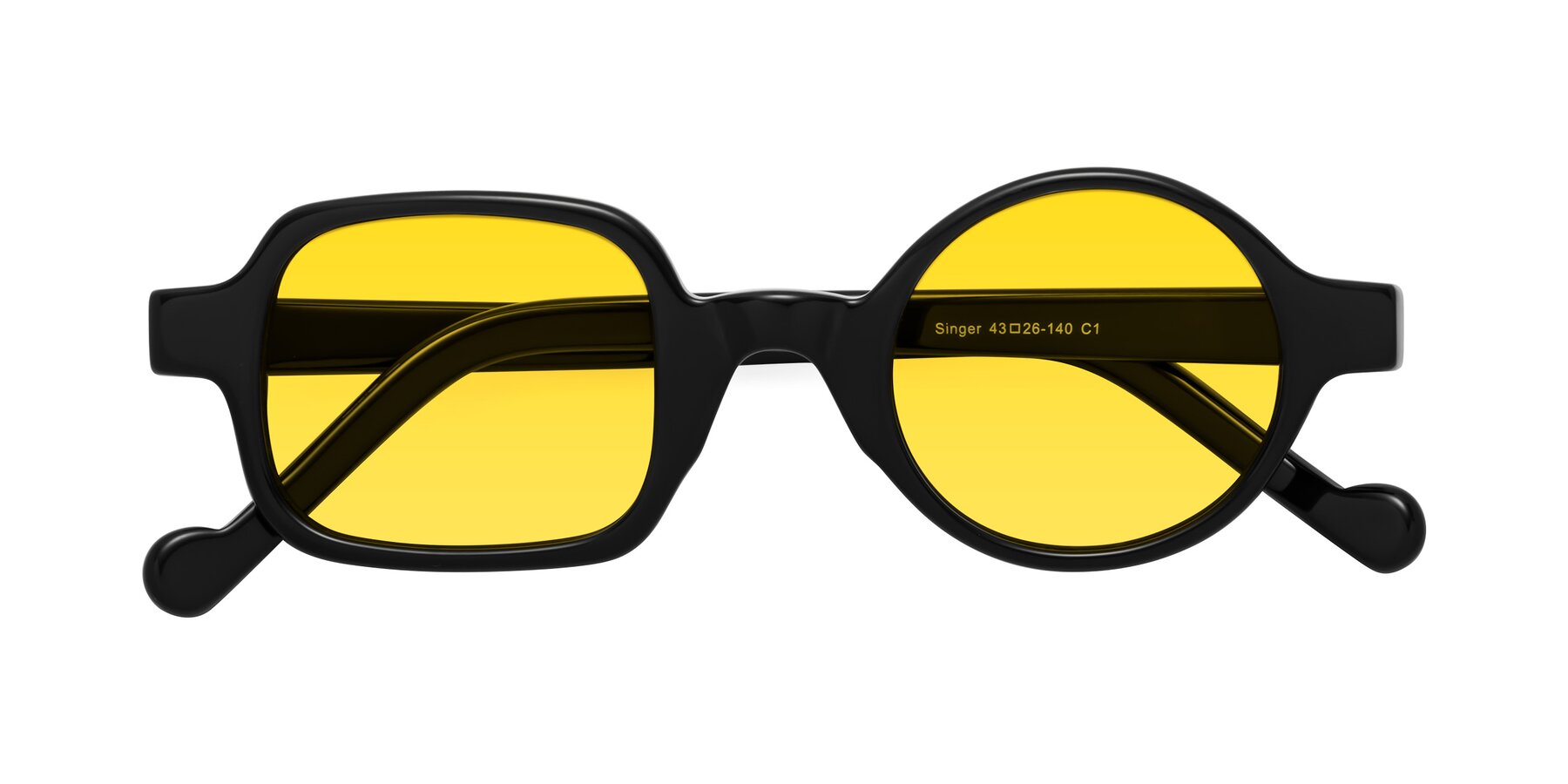 Folded Front of Singer in Black with Yellow Tinted Lenses