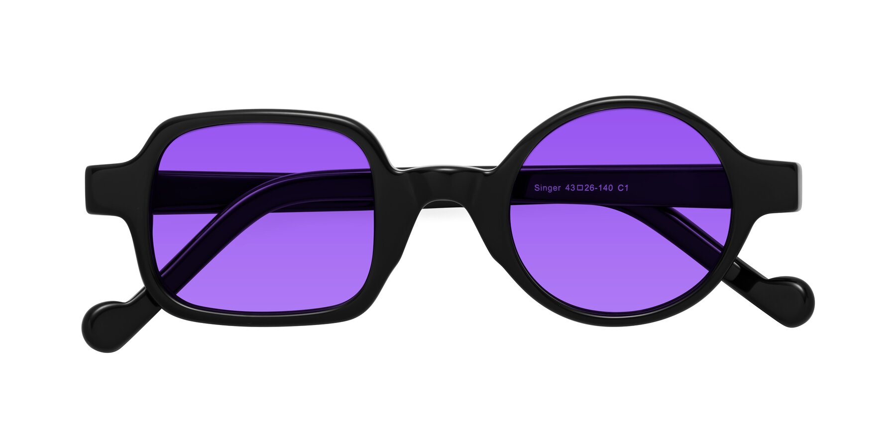 Folded Front of Singer in Black with Purple Tinted Lenses