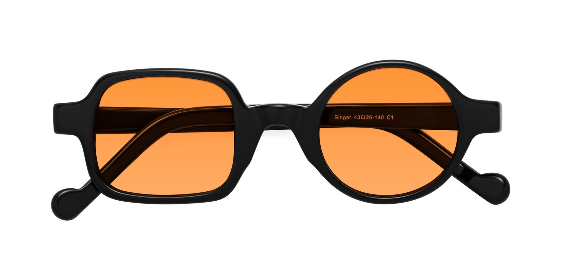 Folded Front of Singer in Black with Orange Tinted Lenses