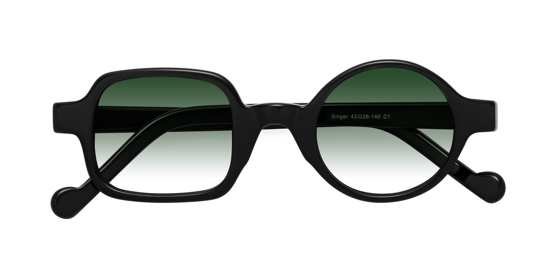 Folded Front of Singer in Black with Green Gradient Lenses