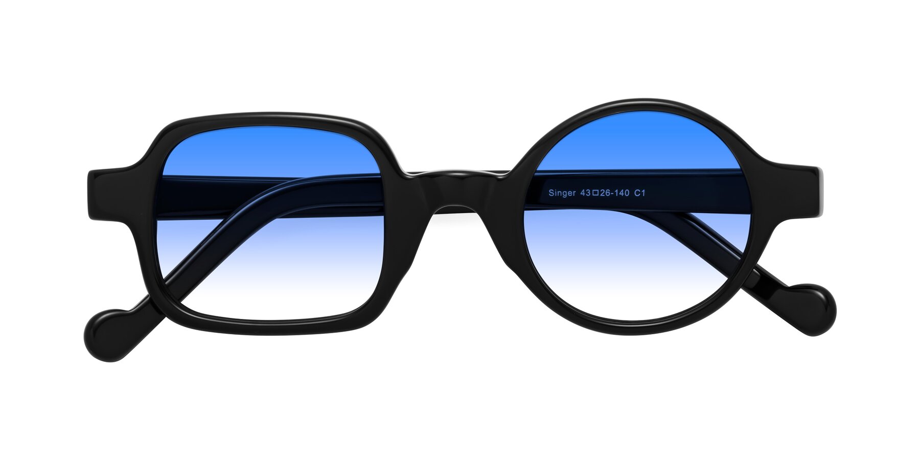 Folded Front of Singer in Black with Blue Gradient Lenses