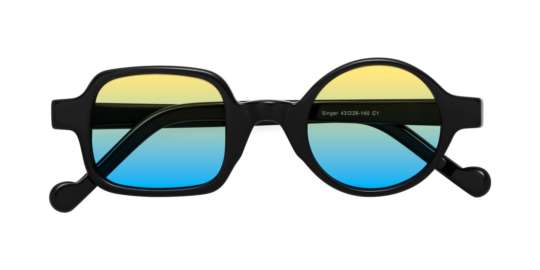 Folded Front of Singer in Black with Yellow / Blue Gradient Lenses