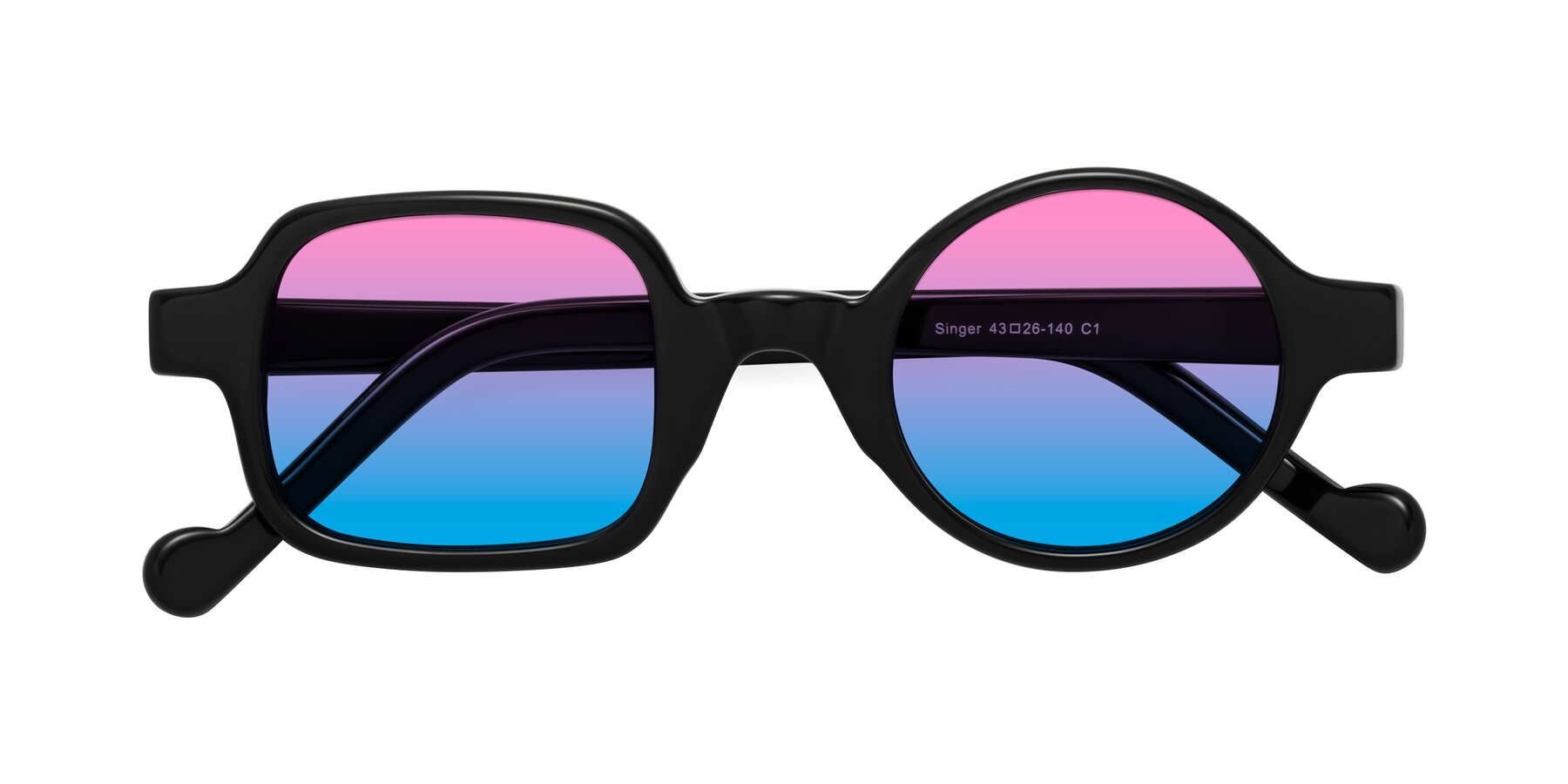 Folded Front of Singer in Black with Pink / Blue Gradient Lenses